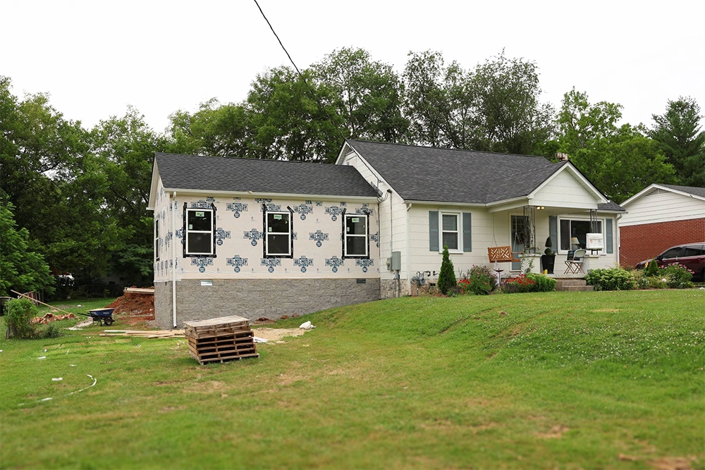 House under construction, getting new siding